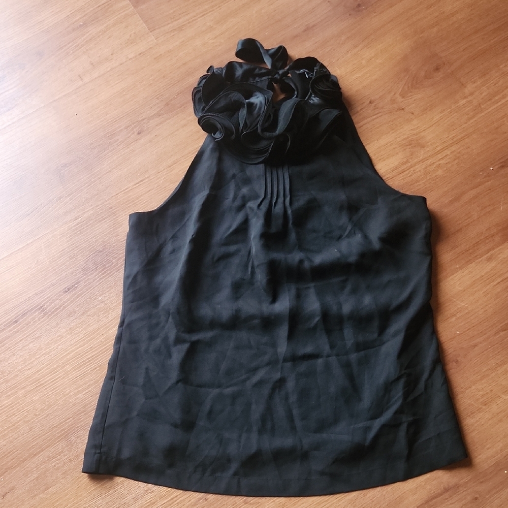 Ann Taylor Black Ruffle Halter Top Silk Blouse - Picture 2 of 8